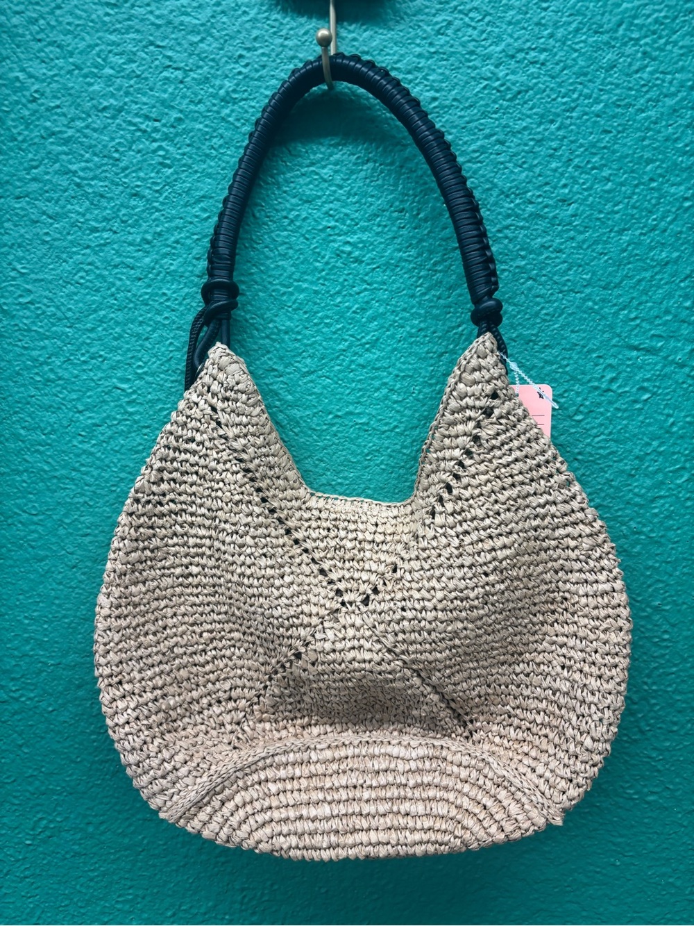 Madewell Neutral Woven Straw Shoulder Bag with Black Wrapped Handle